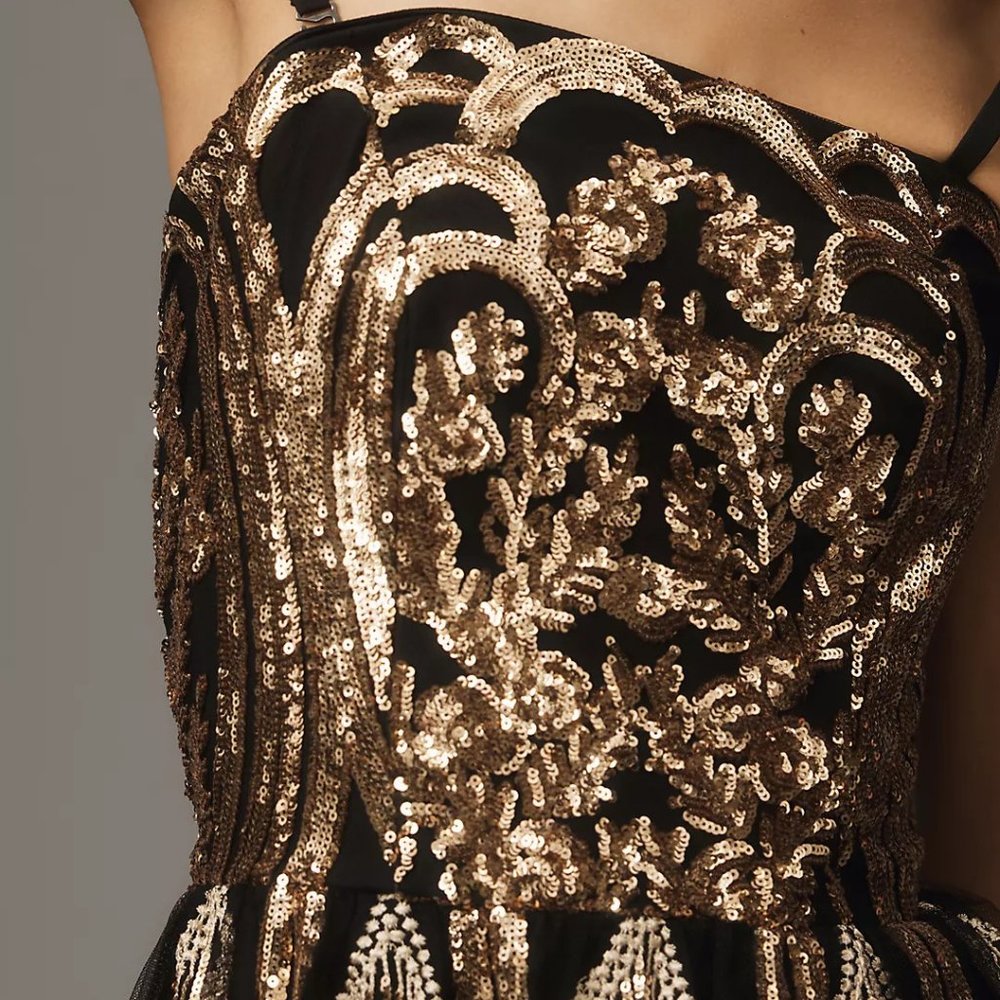 NEW Dress The Population Size L, XL Callie Fringe Strapless Mini Dress, Gold/Blk - Picture 4 of 6